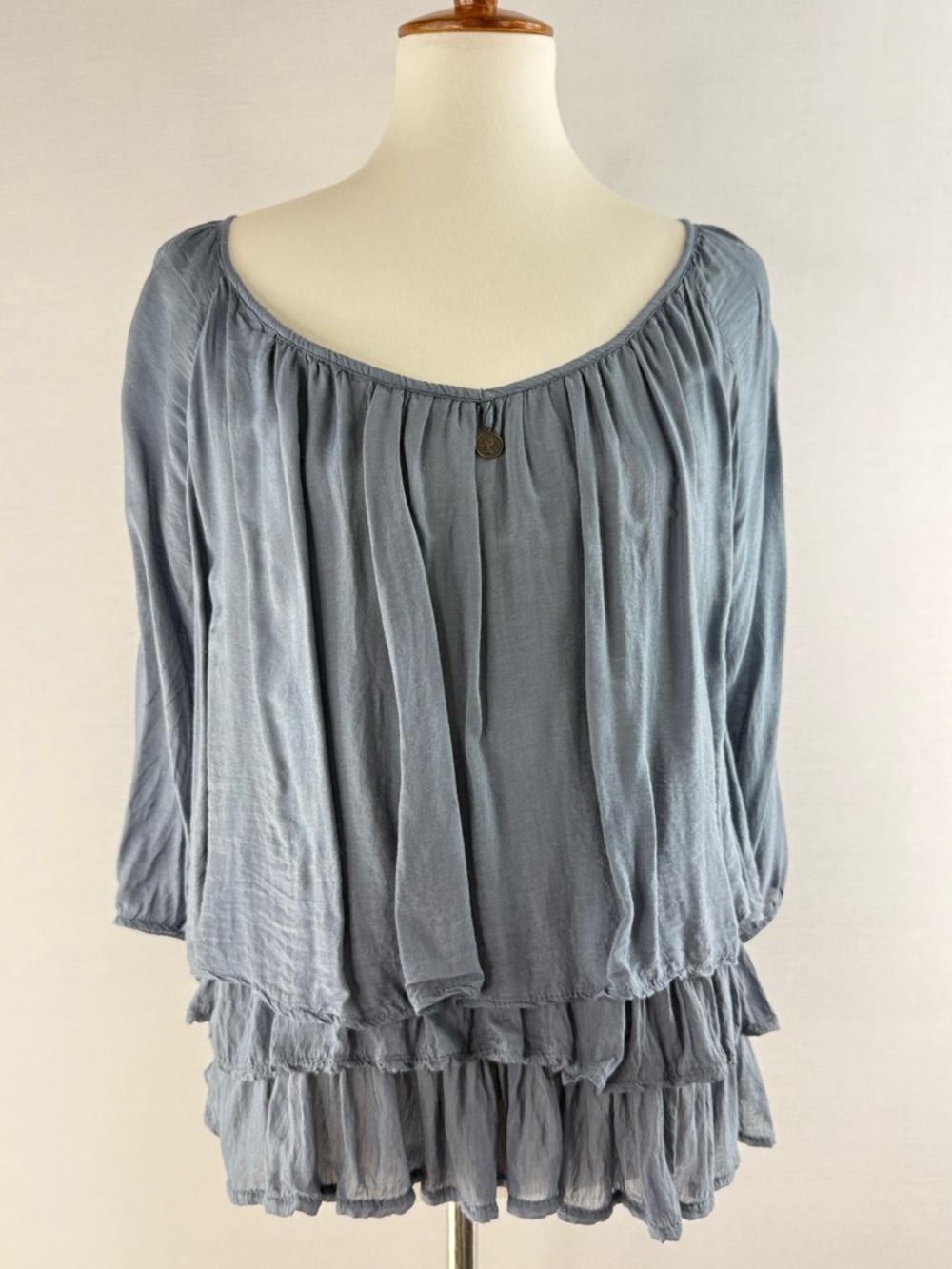 Tempo Paris Light Steel Blue Silk Blend Tiered Peasant Blouse